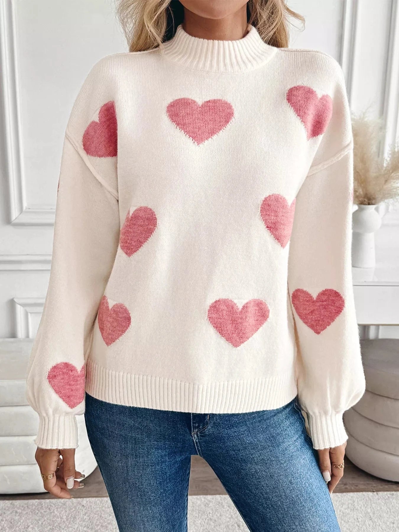 Heart Mock Neck Long Sleeve Sweater The Nichole Collection