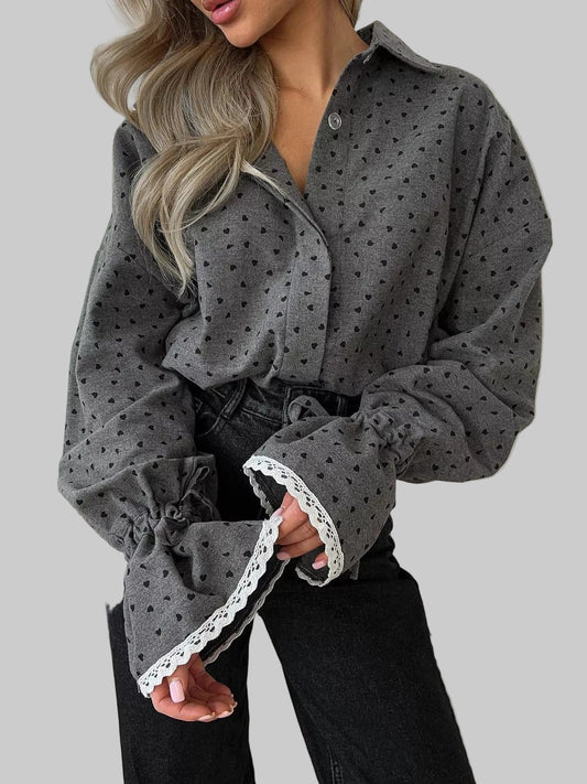 Heart Print Button Up Flounce Sleeve Shirt Shirts & Tops Dark Gray / S The Nichole Collection