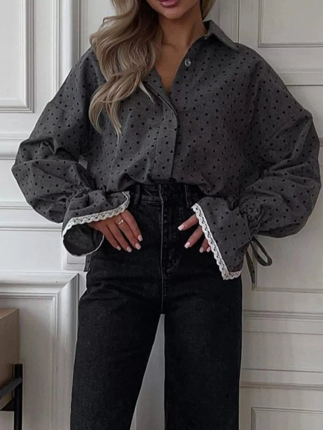 Heart Print Button Up Flounce Sleeve Shirt Shirts & Tops The Nichole Collection
