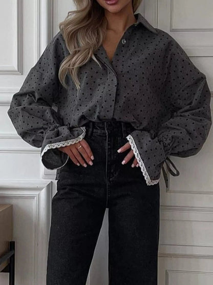 Heart Print Button Up Flounce Sleeve Shirt Shirts & Tops The Nichole Collection