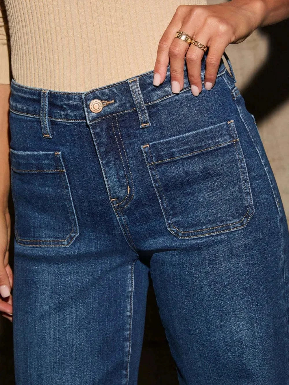 High Rise Front Pocket Patch Wide Leg Jeans The Nichole Collection