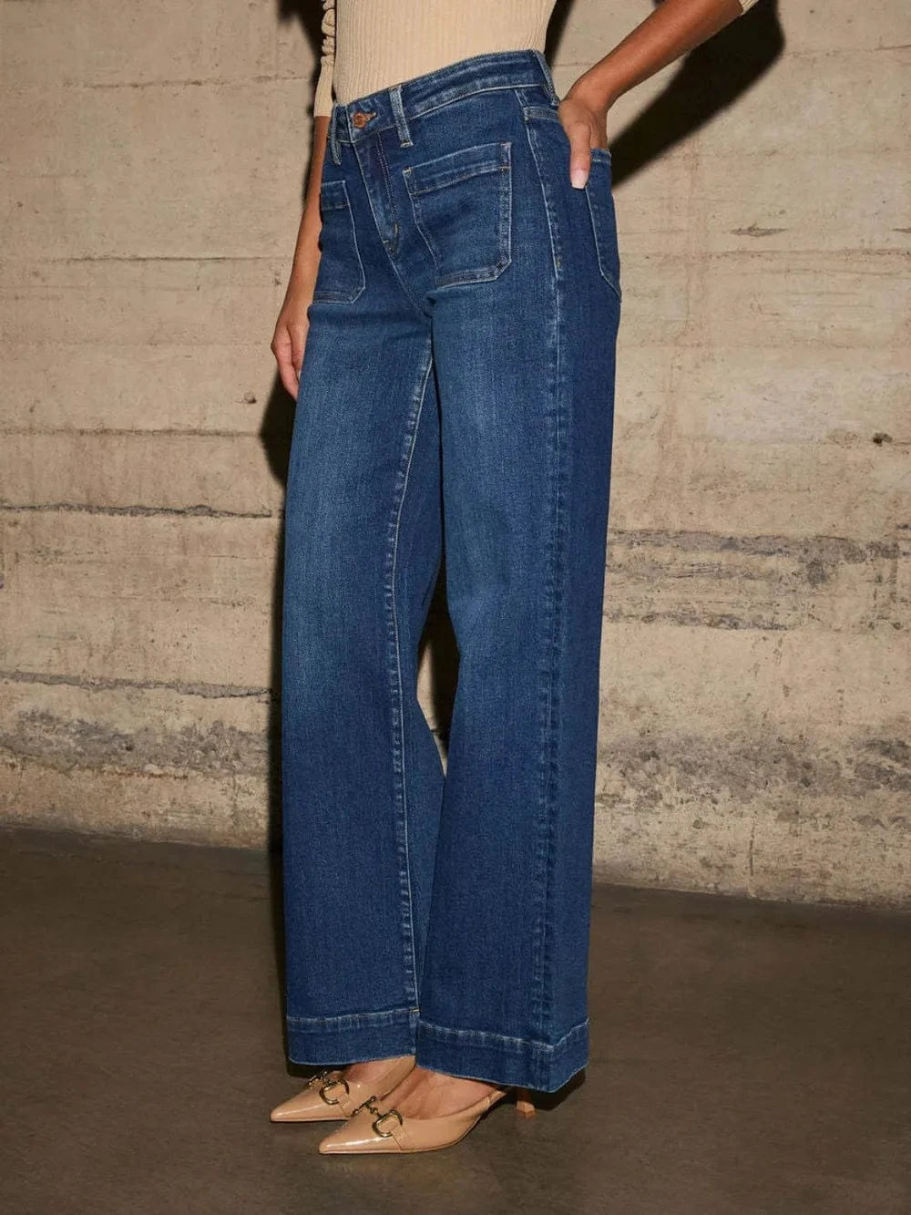 High Rise Front Pocket Patch Wide Leg Jeans The Nichole Collection