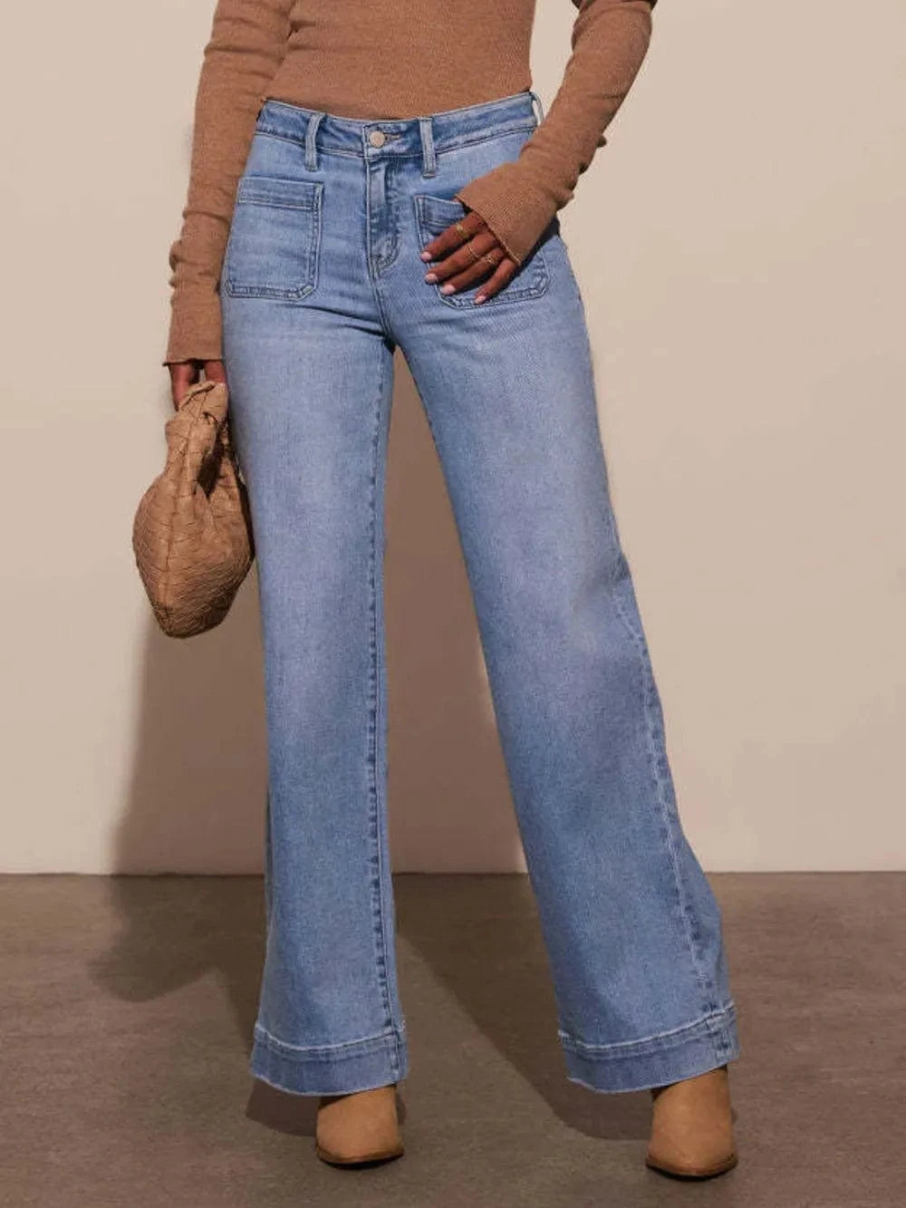 High Rise Front Pocket Patch Wide Leg Jeans Light / S The Nichole Collection