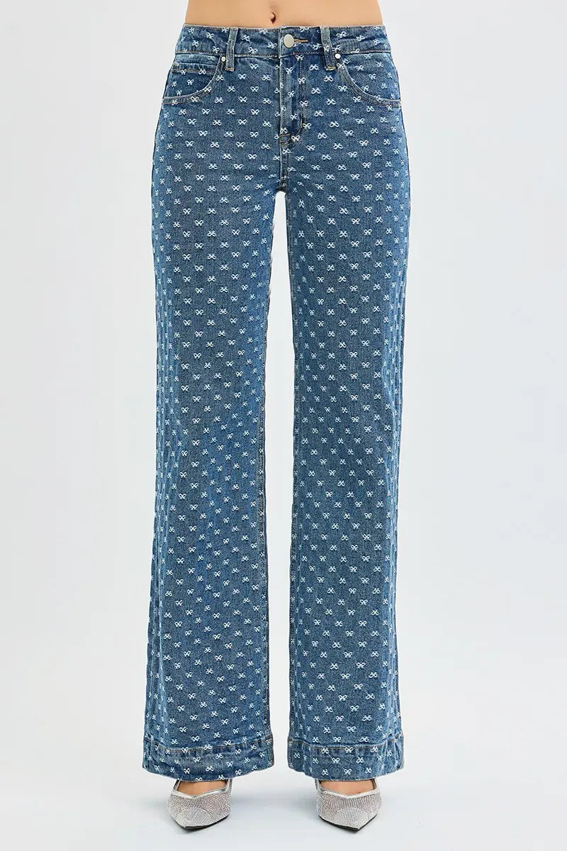 High Rise Wide Leg Bow Embroidered Jeans The Nichole Collection