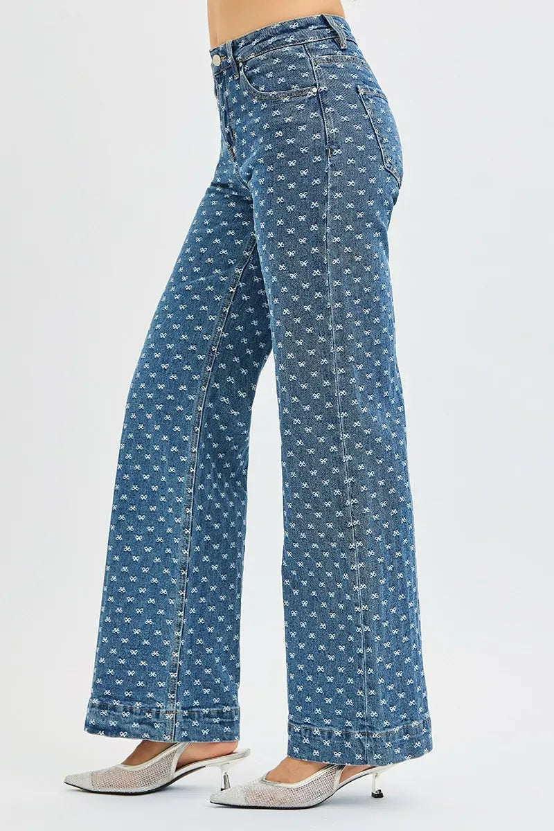 High Rise Wide Leg Bow Embroidered Jeans The Nichole Collection