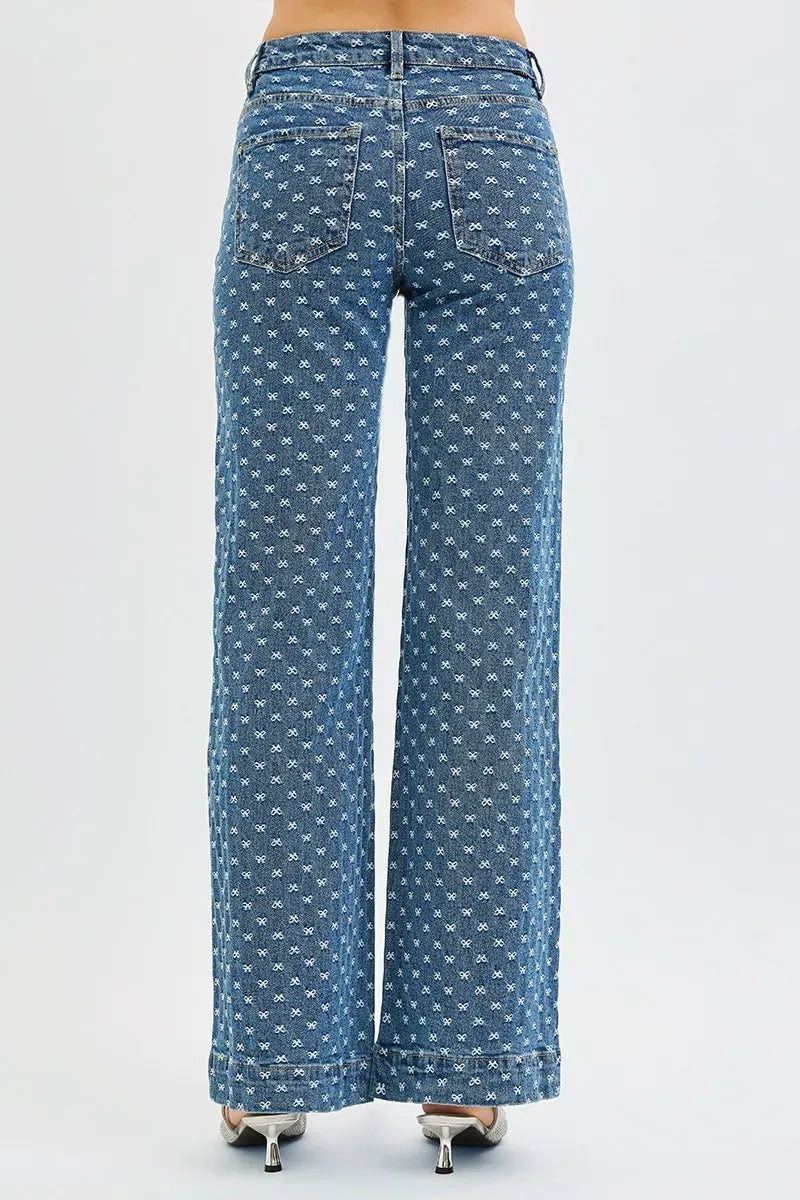 High Rise Wide Leg Bow Embroidered Jeans The Nichole Collection