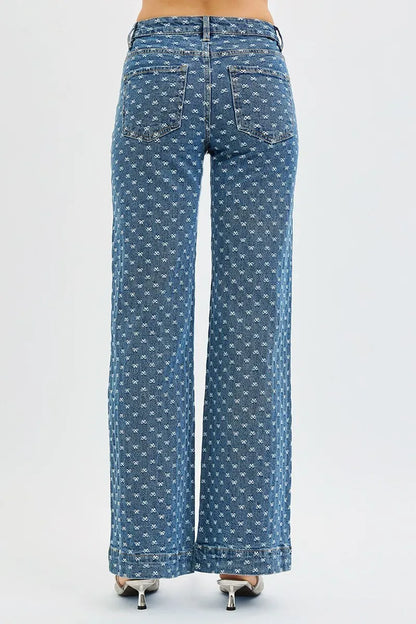 High Rise Wide Leg Bow Embroidered Jeans The Nichole Collection