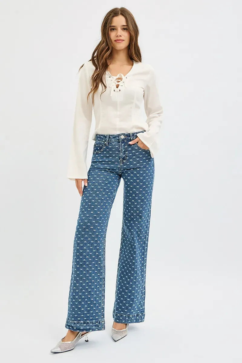 High Rise Wide Leg Bow Embroidered Jeans The Nichole Collection