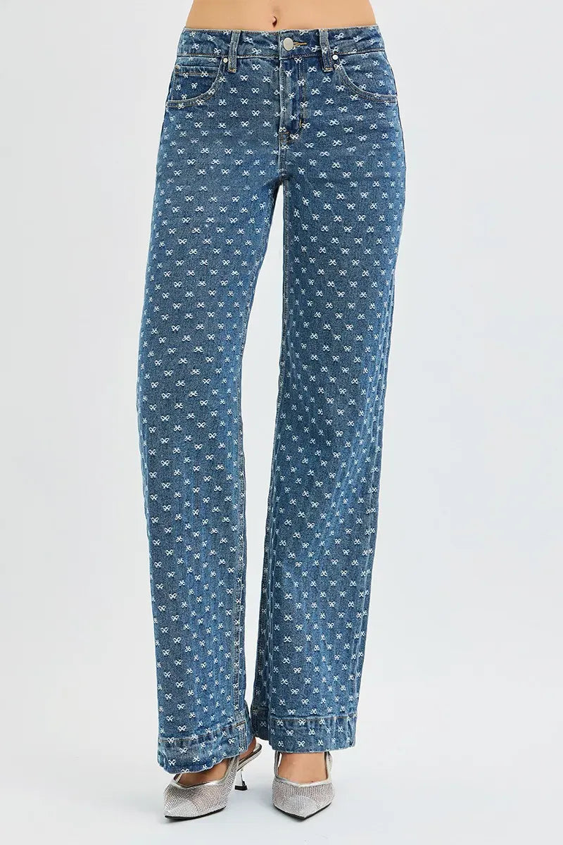 High Rise Wide Leg Bow Embroidered Jeans The Nichole Collection