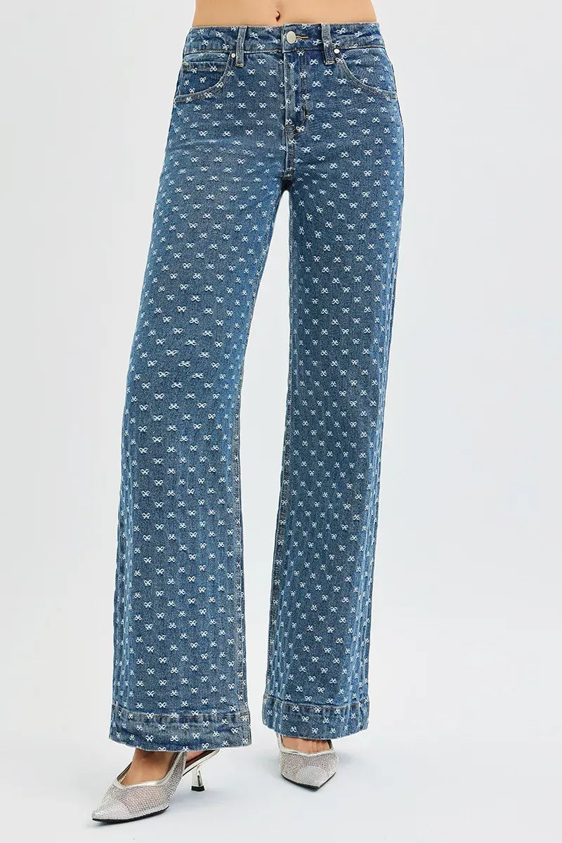 High Rise Wide Leg Bow Embroidered Jeans DARK / 0 The Nichole Collection