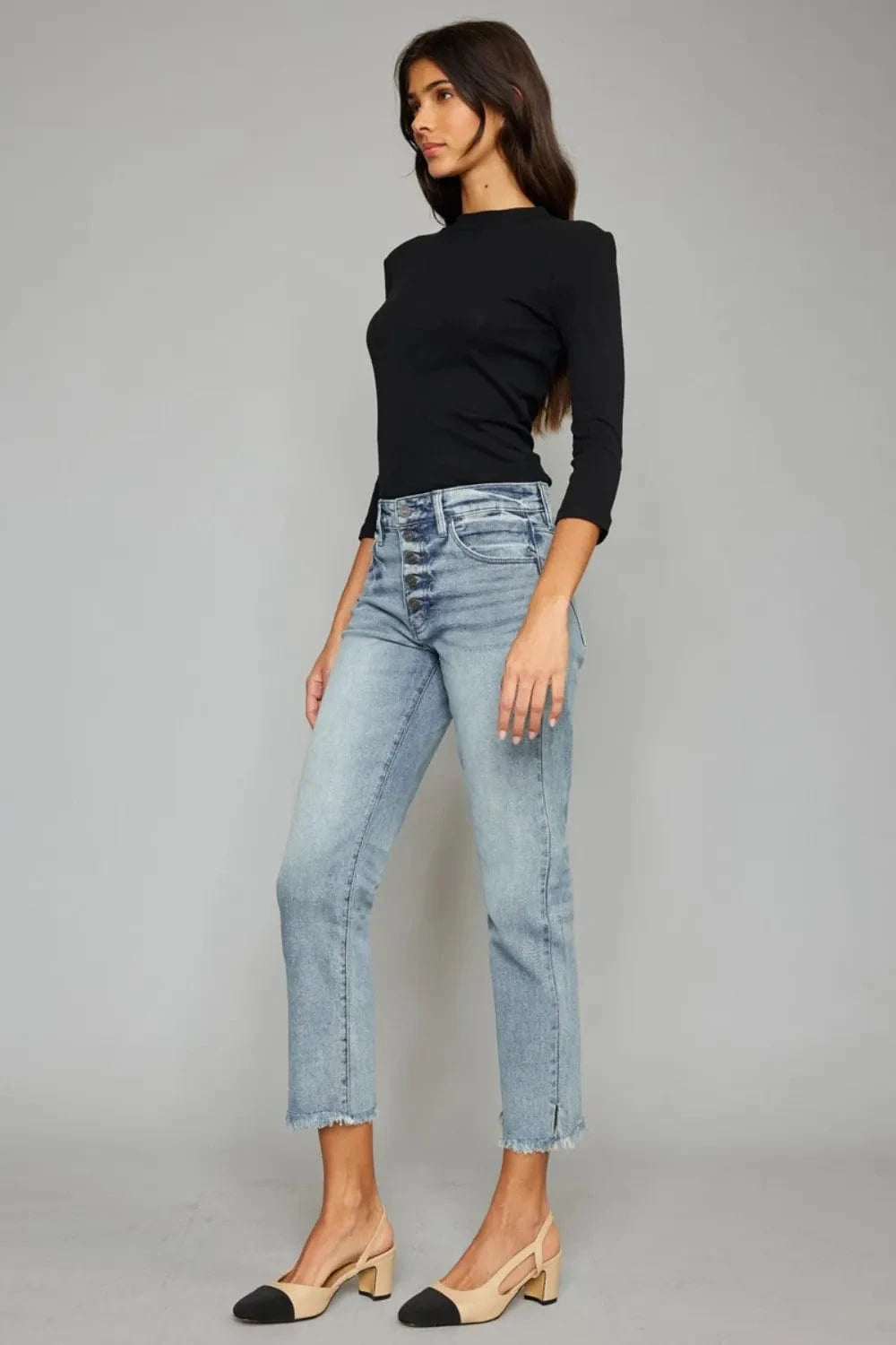 High Waist Button Fly Raw Hem Cropped Straight Jeans The Nichole Collection