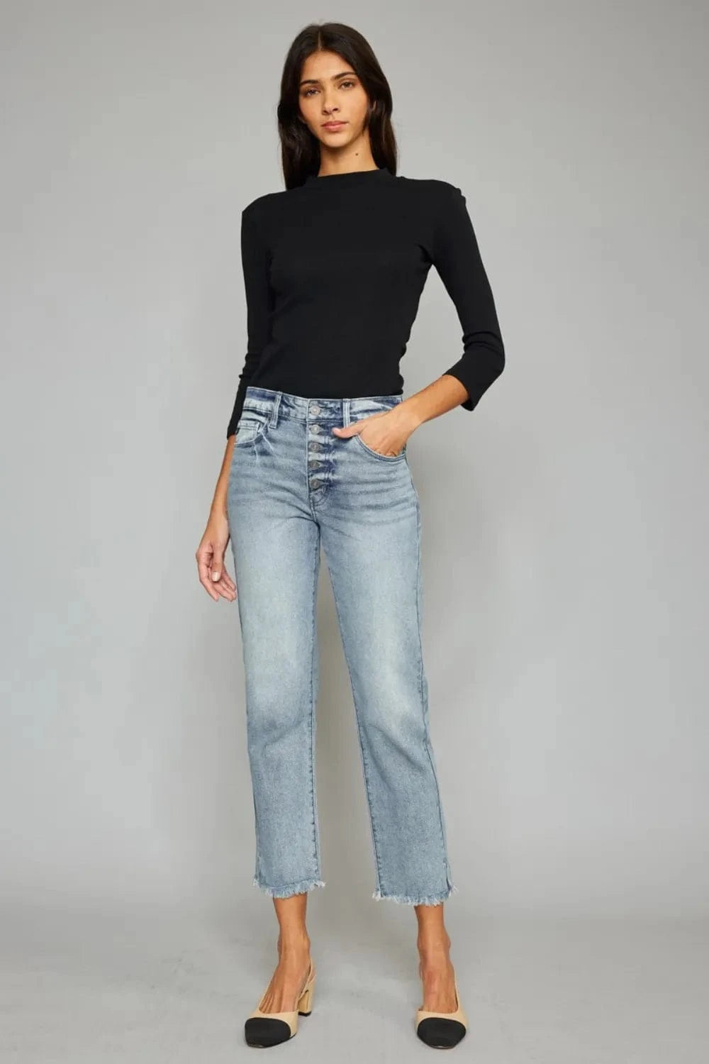 High Waist Button Fly Raw Hem Cropped Straight Jeans The Nichole Collection