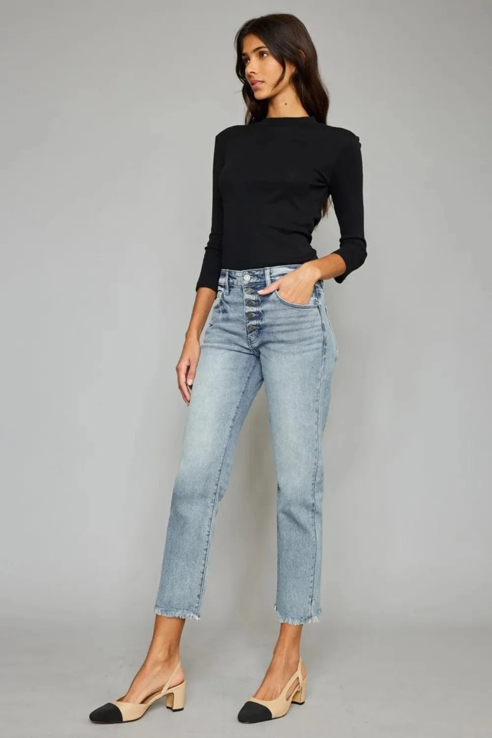 High Waist Button Fly Raw Hem Cropped Straight Jeans The Nichole Collection