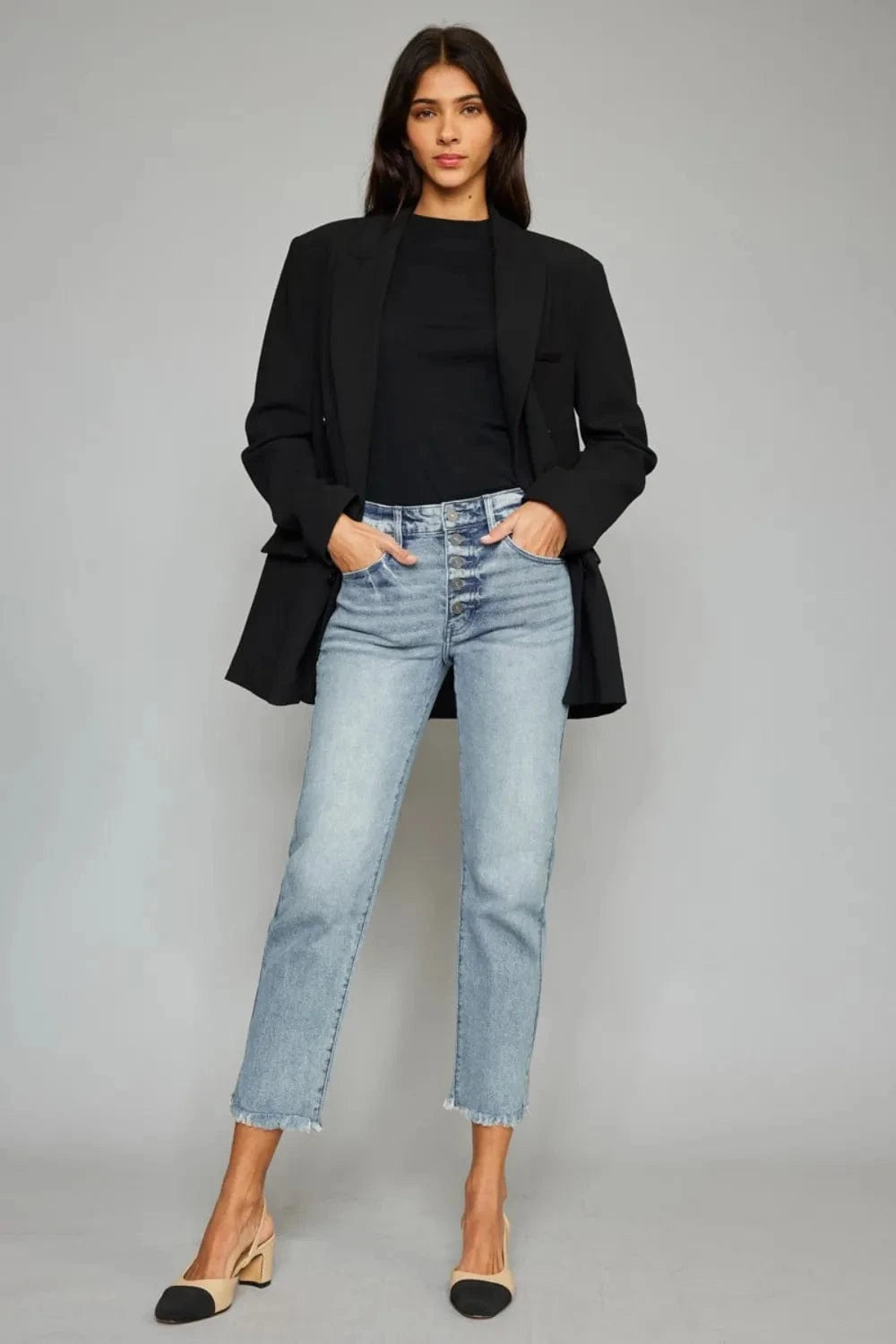 High Waist Button Fly Raw Hem Cropped Straight Jeans The Nichole Collection