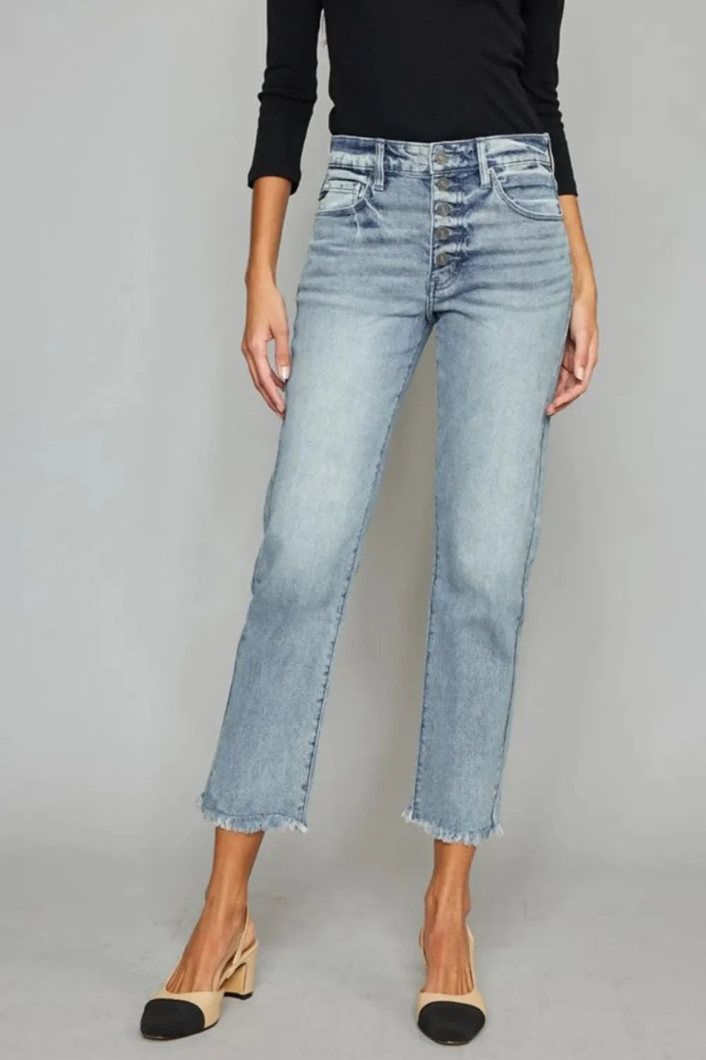 High Waist Button Fly Raw Hem Cropped Straight Jeans Light / 0 The Nichole Collection