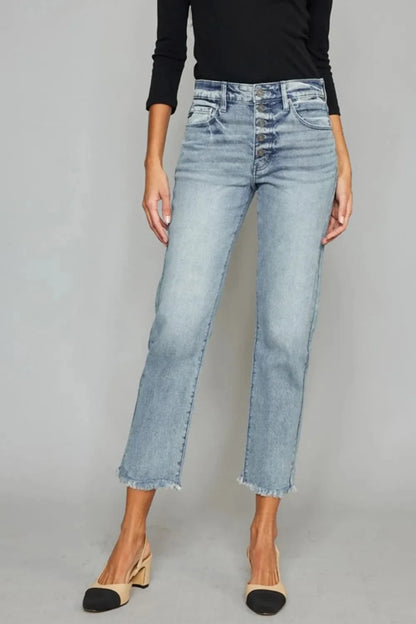 High Waist Button Fly Raw Hem Cropped Straight Jeans Light / 0 The Nichole Collection