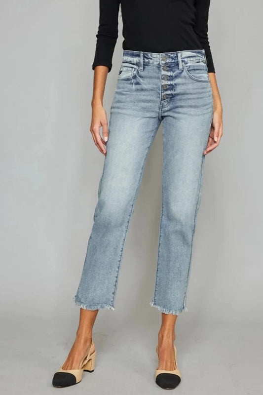 High Waist Button Fly Raw Hem Cropped Straight Jeans Light / 0 The Nichole Collection