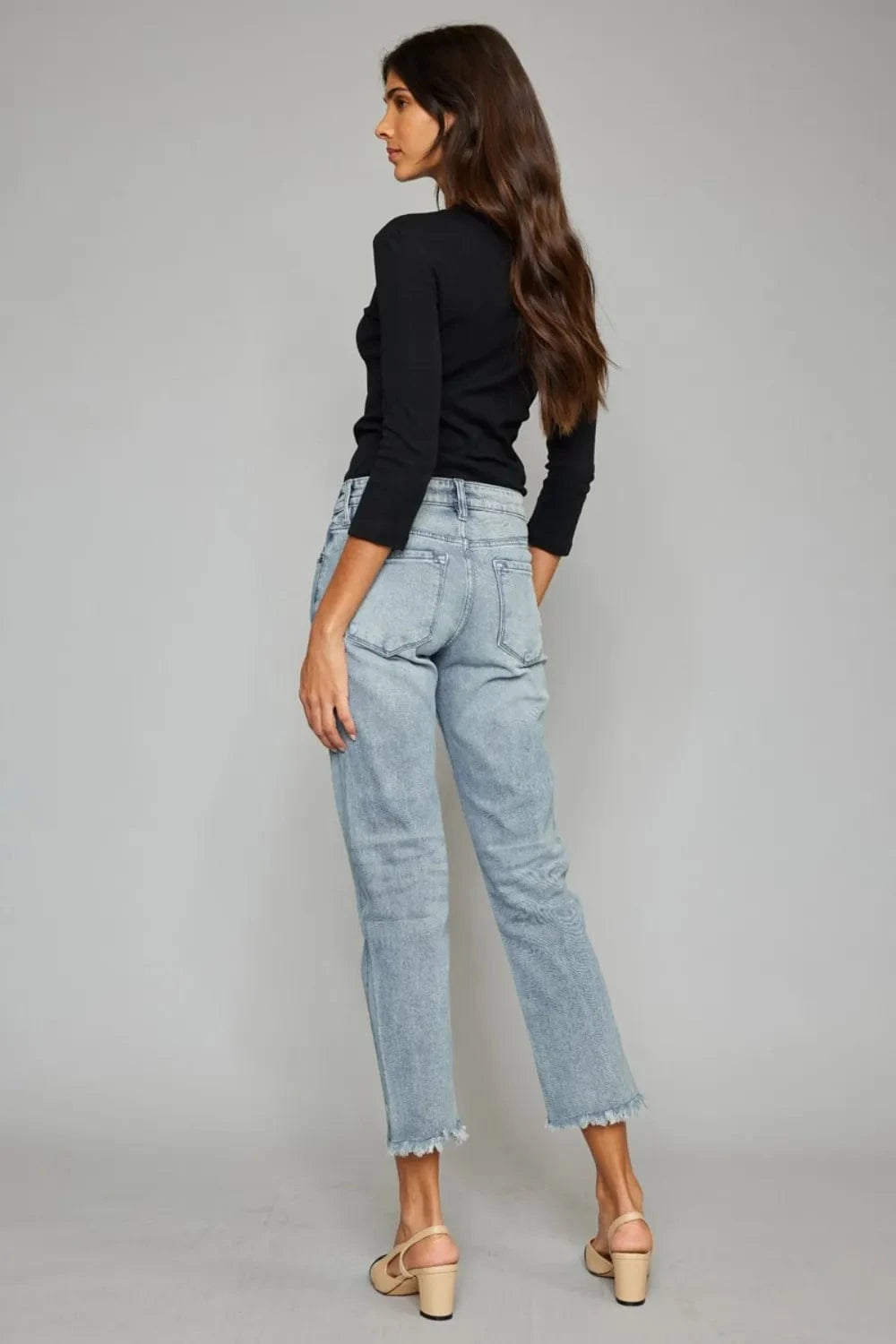 High Waist Button Fly Raw Hem Cropped Straight Jeans The Nichole Collection