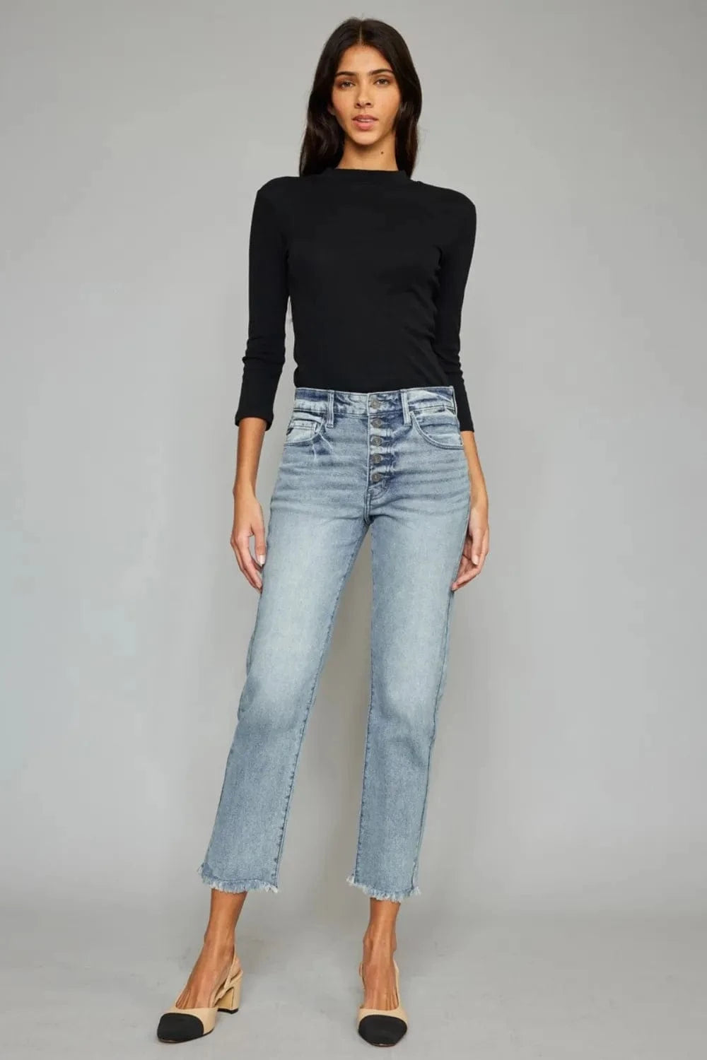 High Waist Button Fly Raw Hem Cropped Straight Jeans The Nichole Collection