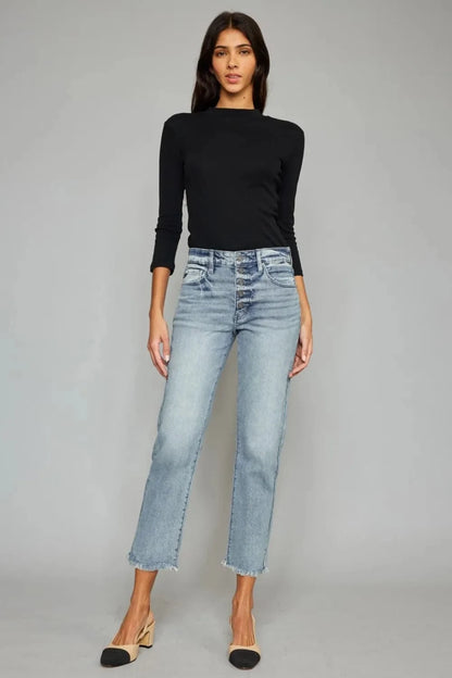 High Waist Button Fly Raw Hem Cropped Straight Jeans The Nichole Collection