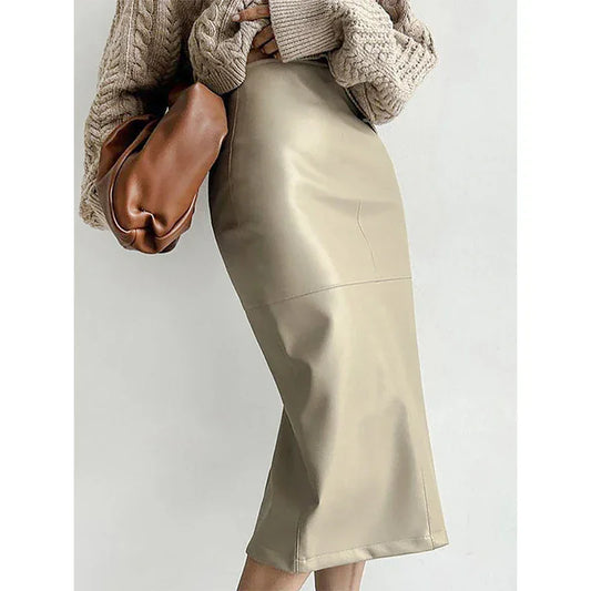 High-Waist Faux Leather Midi Skirt with Back Slit The Nichole Collection - Official Site