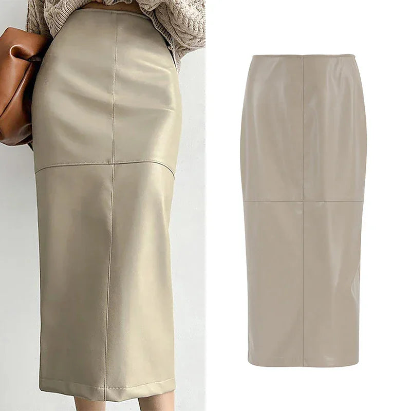 High-Waist Faux Leather Midi Skirt with Back Slit The Nichole Collection - Official Site