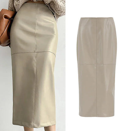 High-Waist Faux Leather Midi Skirt with Back Slit The Nichole Collection - Official Site