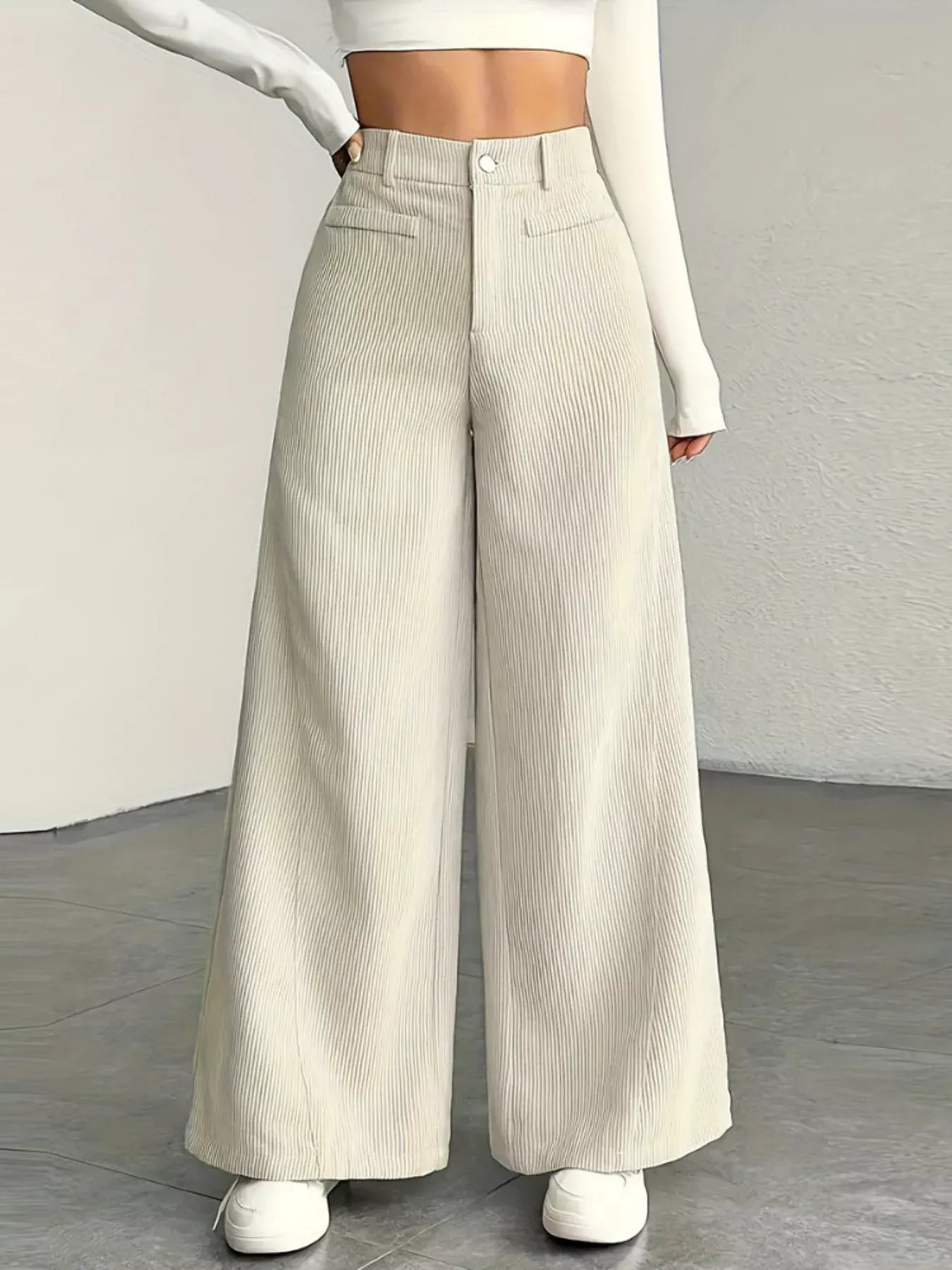 High-Waist Lightweight Corduroy Wide-Leg Pants for Women Pants Apricot / S The Nichole Collection