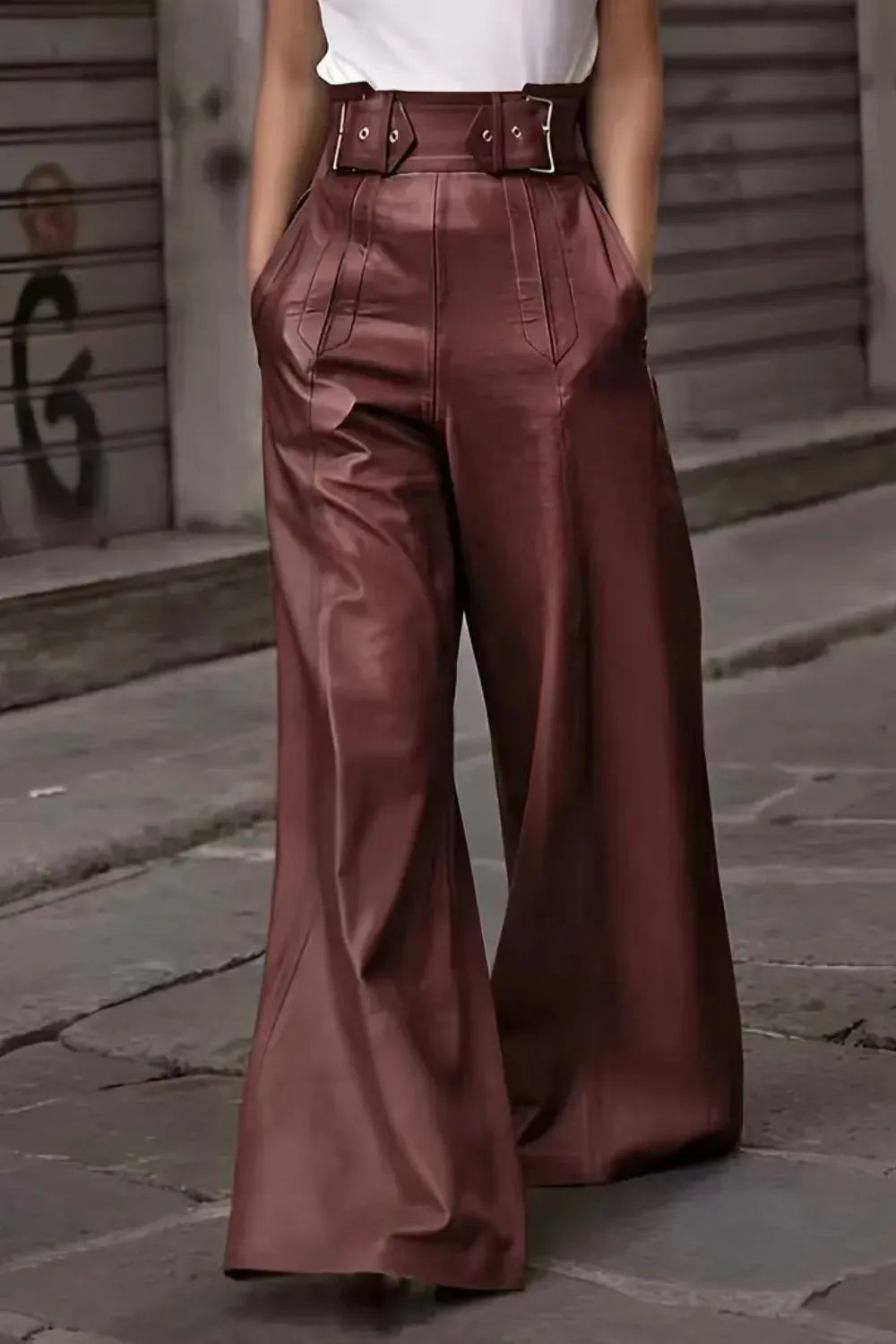 High Waist Wide Flare Pants Dress Pants Burgundy / S The Nichole Collection