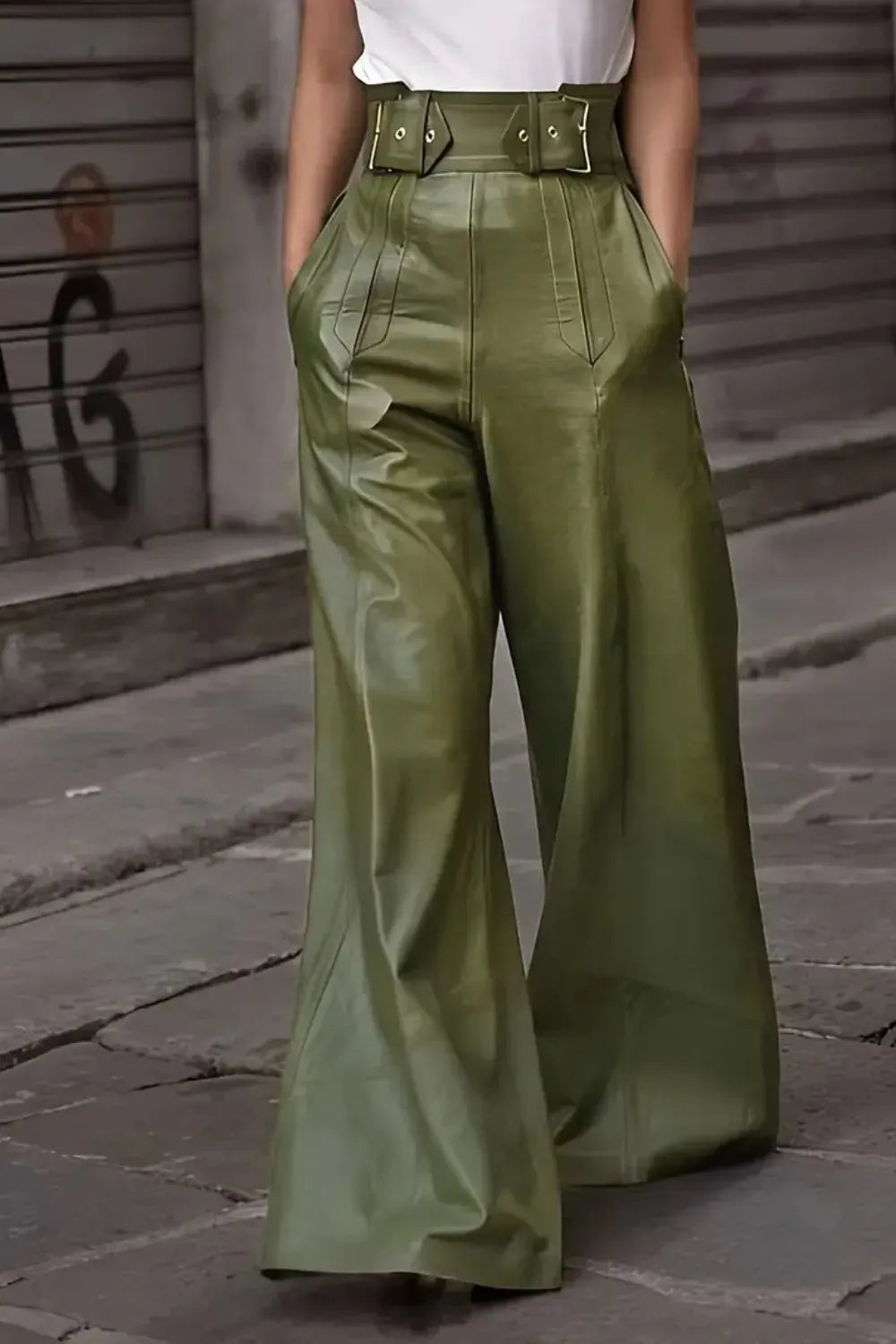 High Waist Wide Flare Pants Dress Pants Moss / S The Nichole Collection