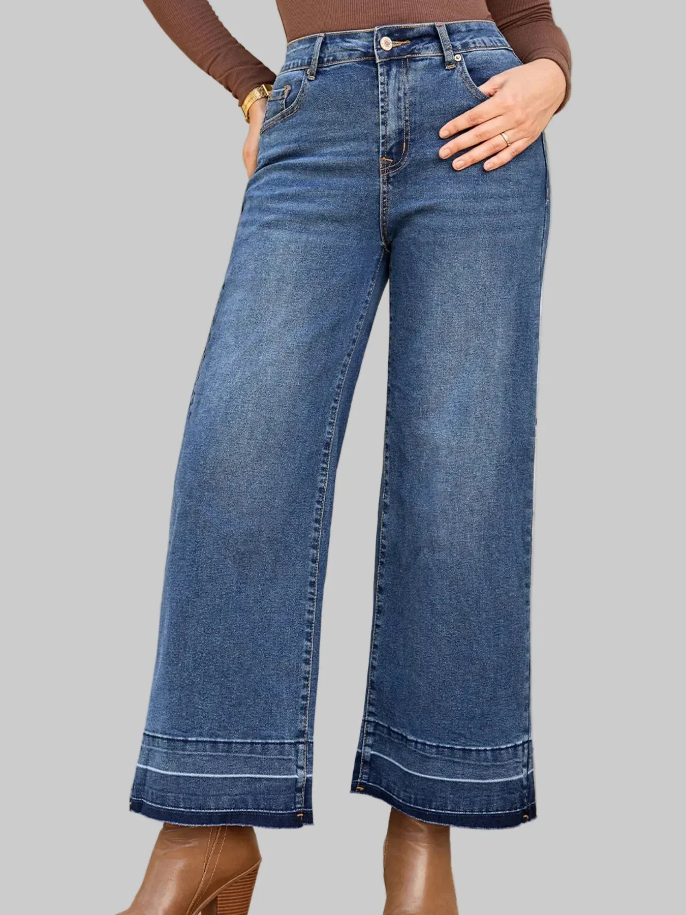 High Waist Wide Leg Washed Jeans Navy / 4 The Nichole Collection