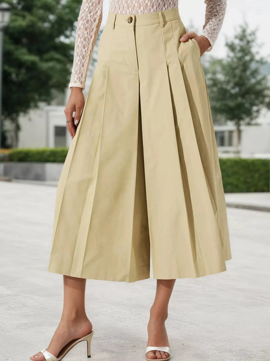 High-Waisted Pleated Wide-Leg Cropped Pants Khaki / S Trendsi