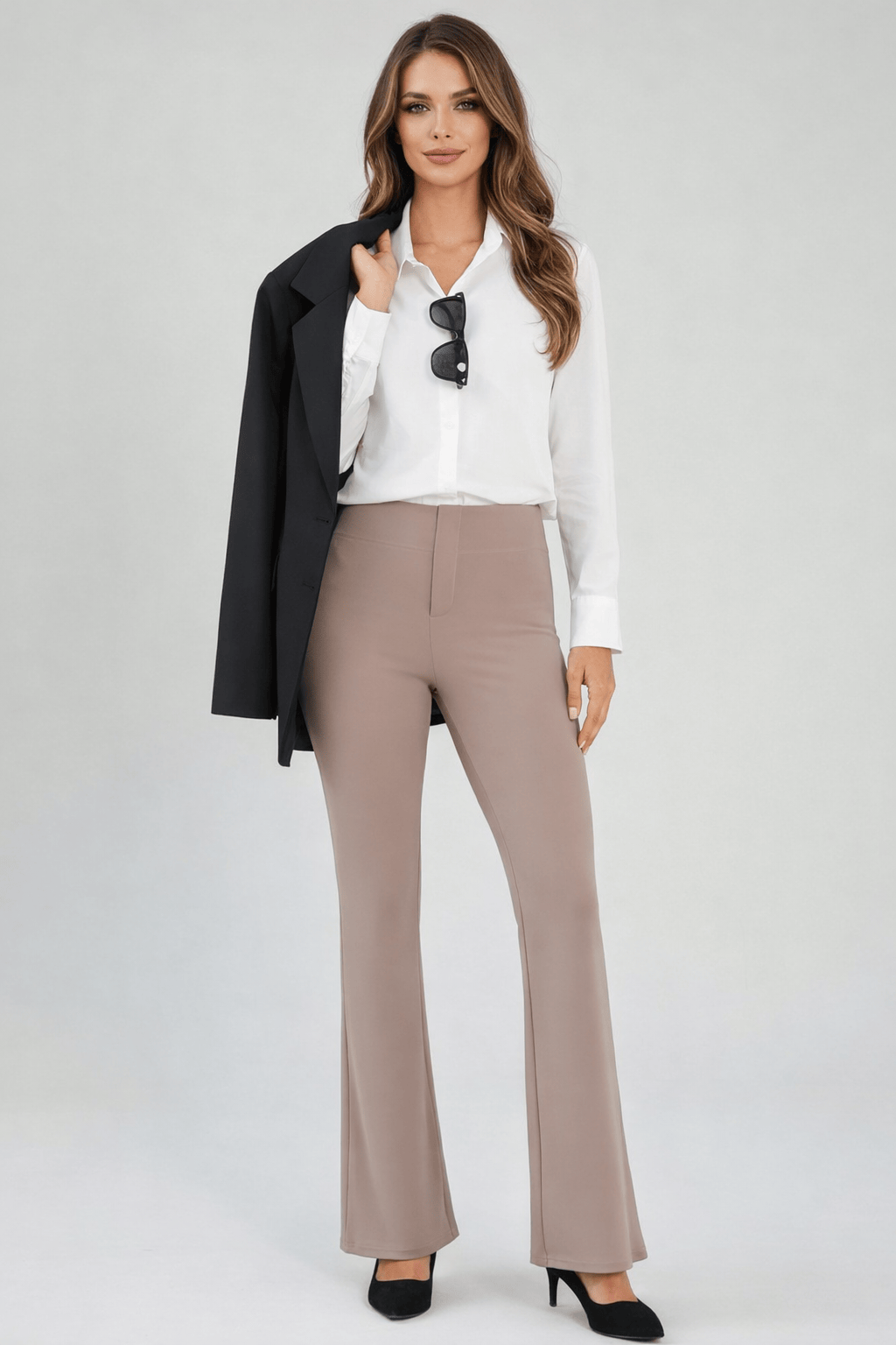 High-Waisted Sculpting Stretch Flare Trousers X-Small / Light Coffee The Nichole Collection