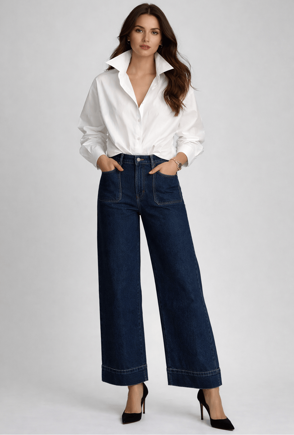 High-Waisted Wide-Leg Cropped Jeans with Patch Pockets Jeans Deep Blue / S The Nichole Collection