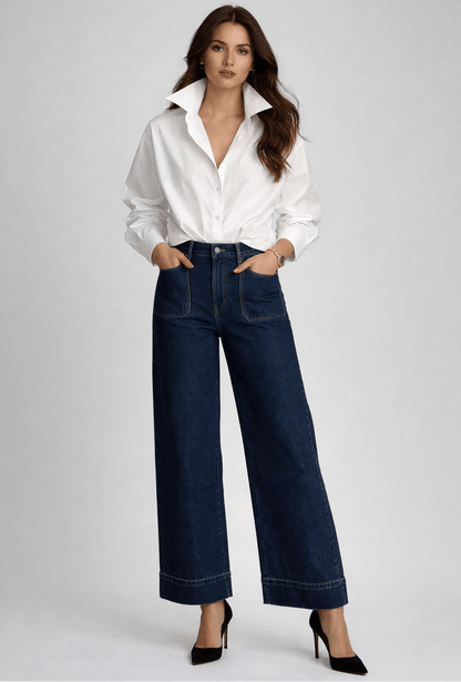 High-Waisted Wide-Leg Cropped Jeans with Patch Pockets Jeans Deep Blue / S The Nichole Collection