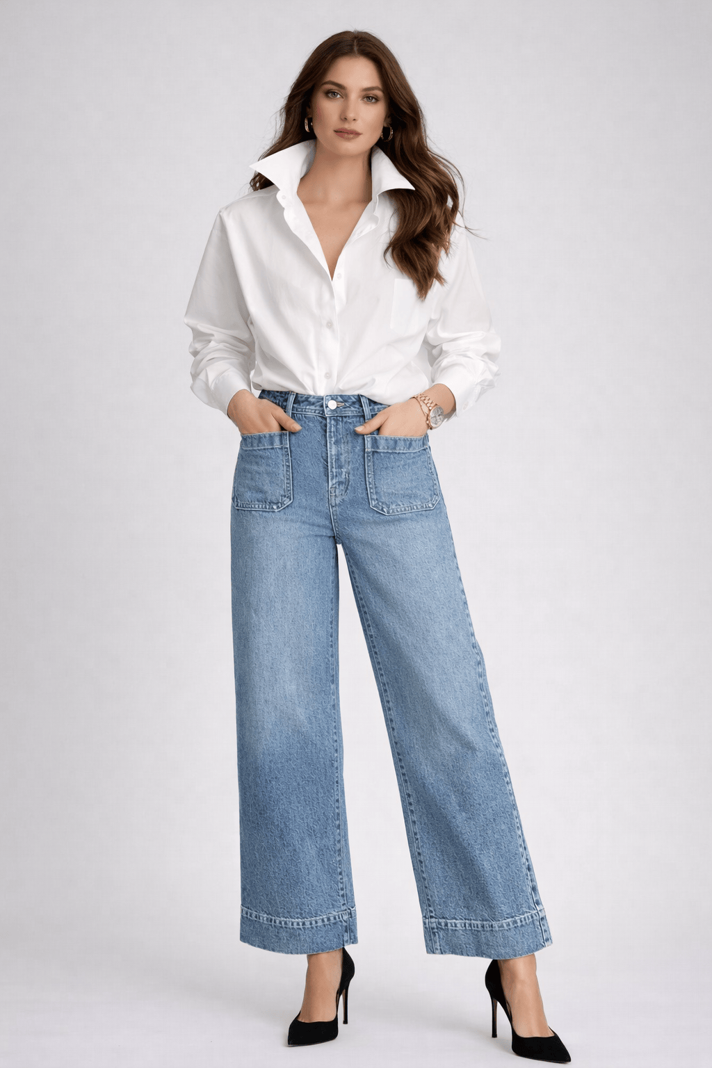 High-Waisted Wide-Leg Cropped Jeans with Patch Pockets Jeans The Nichole Collection