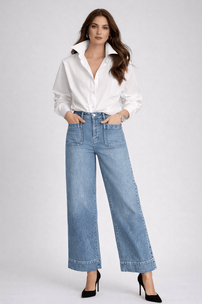 High-Waisted Wide-Leg Cropped Jeans with Patch Pockets Jeans The Nichole Collection