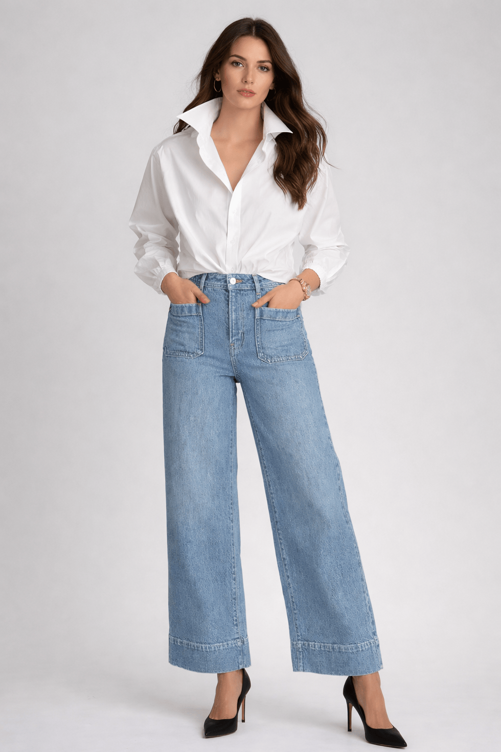 High-Waisted Wide-Leg Cropped Jeans with Patch Pockets Jeans Light Blue / S The Nichole Collection