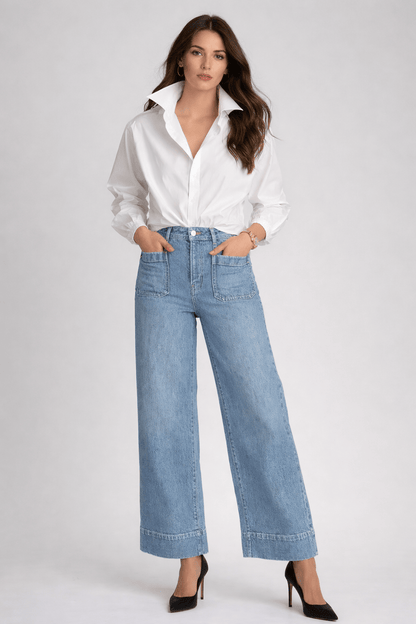 High-Waisted Wide-Leg Cropped Jeans with Patch Pockets Jeans Light Blue / S The Nichole Collection