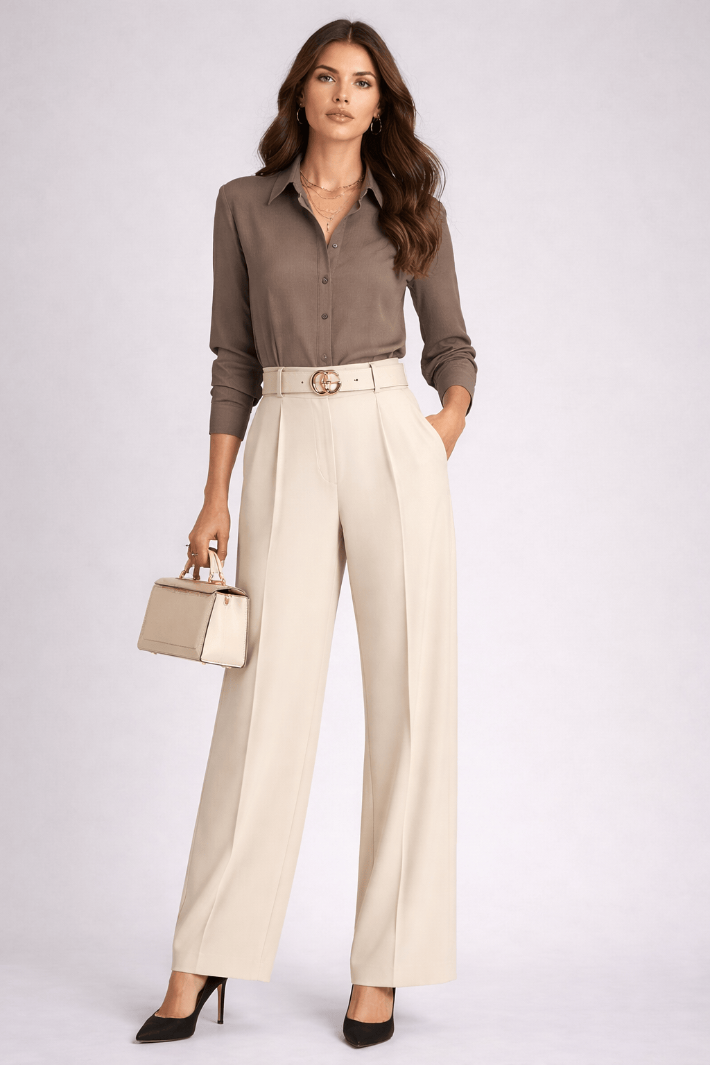 High-Waisted Wide-Leg Dress Pants for Women Dress Pants Beige / XS The Nichole Collection