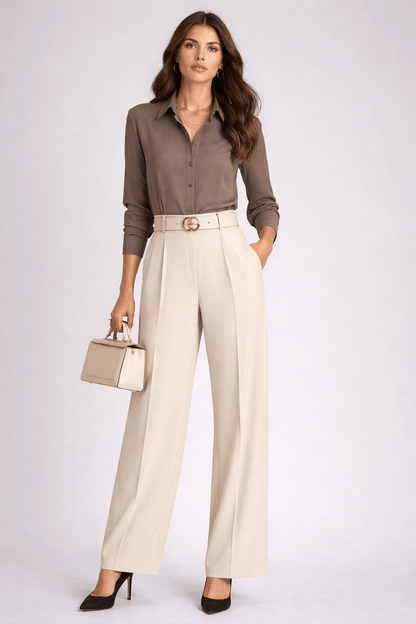 High-Waisted Wide-Leg Dress Pants for Women Dress Pants Beige / XS The Nichole Collection