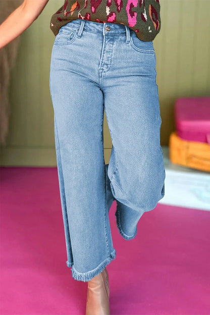 High-Waisted Wide Leg Frayed Hem Jeans Trendsi