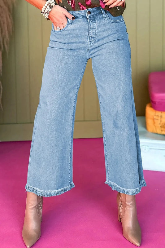 High-Waisted Wide Leg Frayed Hem Jeans Medium / 6 Trendsi
