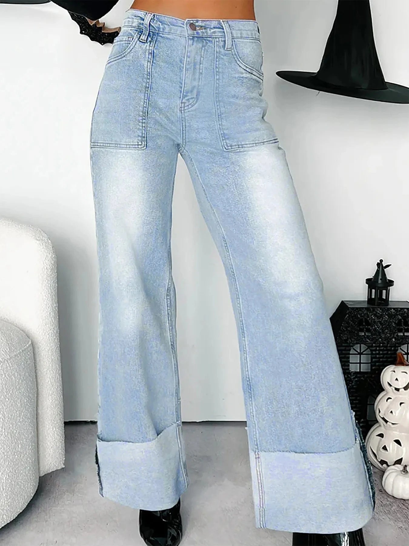 High-Waisted Wide-Leg Jeans with Cuffed Hem Trendsi