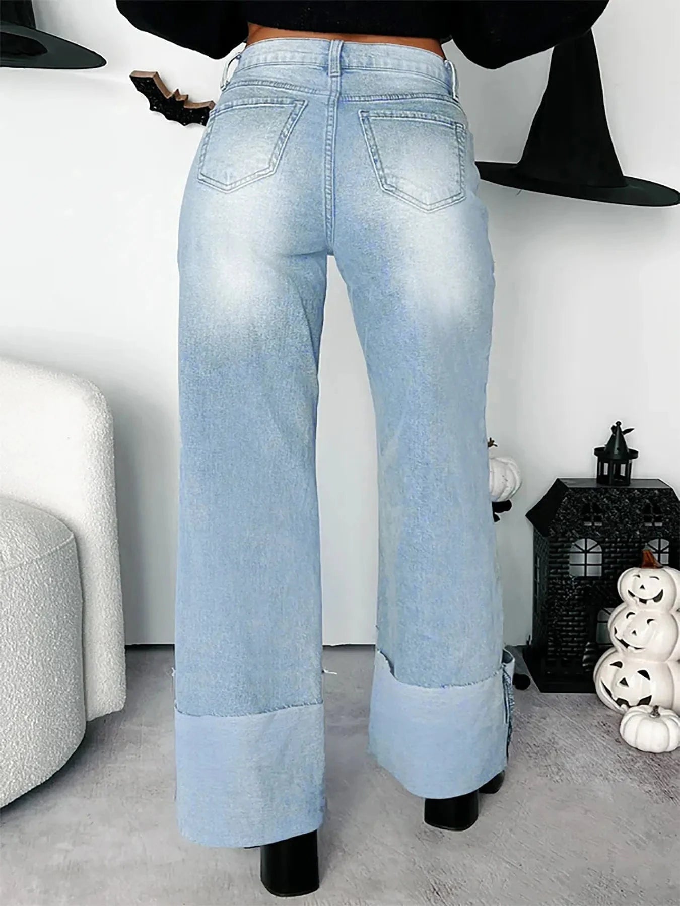 High-Waisted Wide-Leg Jeans with Cuffed Hem Trendsi