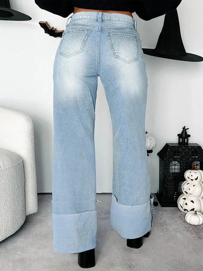 High-Waisted Wide-Leg Jeans with Cuffed Hem Trendsi