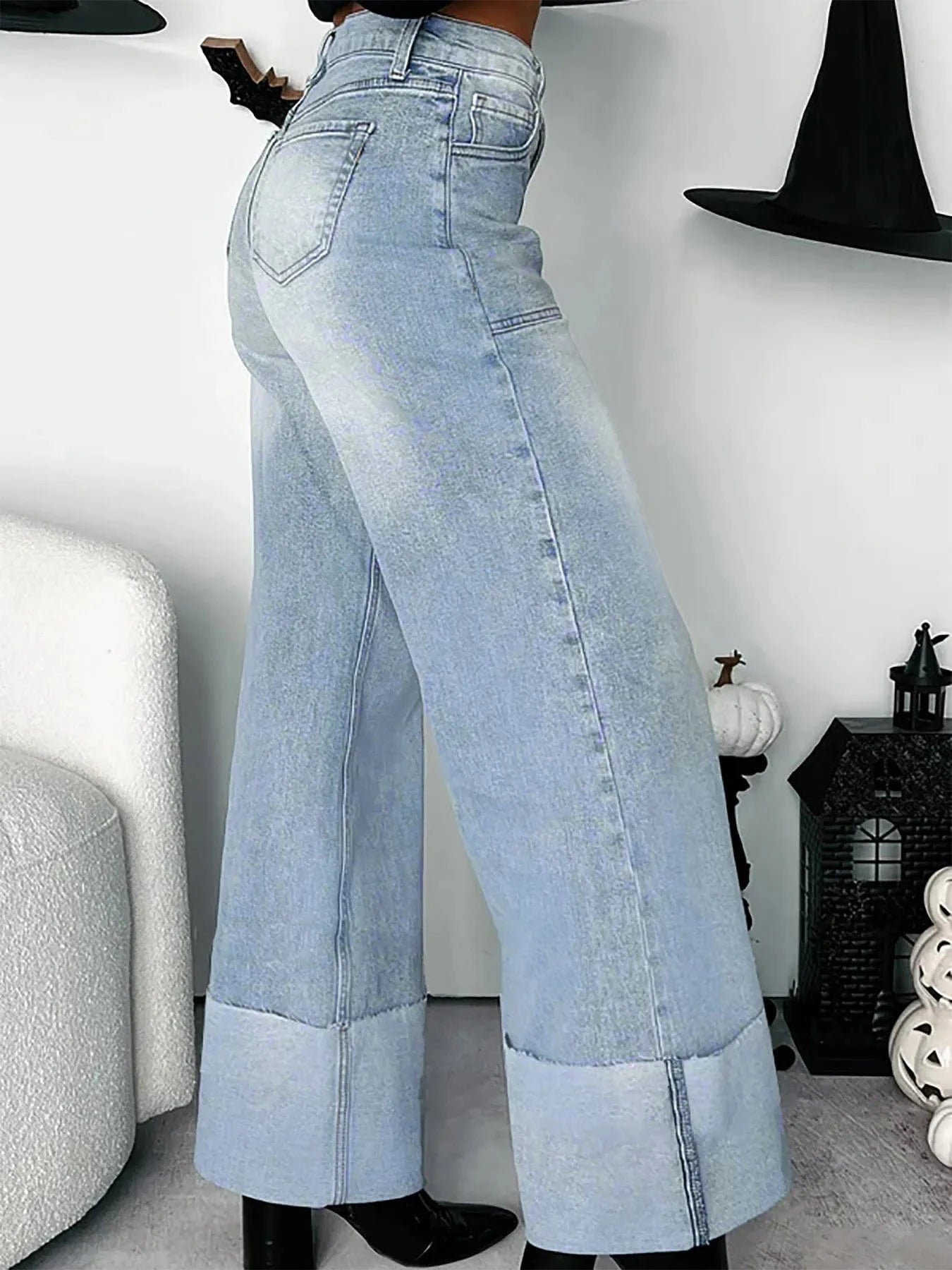 High-Waisted Wide-Leg Jeans with Cuffed Hem Trendsi