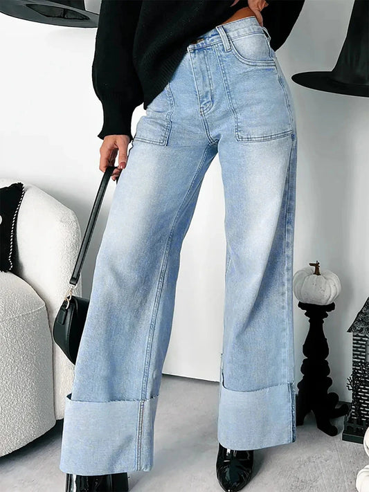 High-Waisted Wide-Leg Jeans with Cuffed Hem Azure / S Trendsi