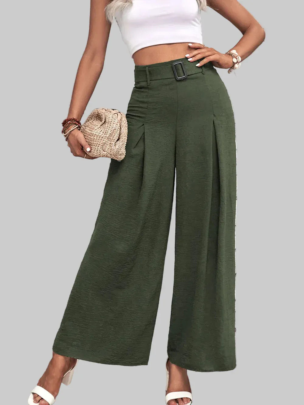High Waisted Wide Leg Pants Dress Pants Matcha Green / S The Nichole Collection