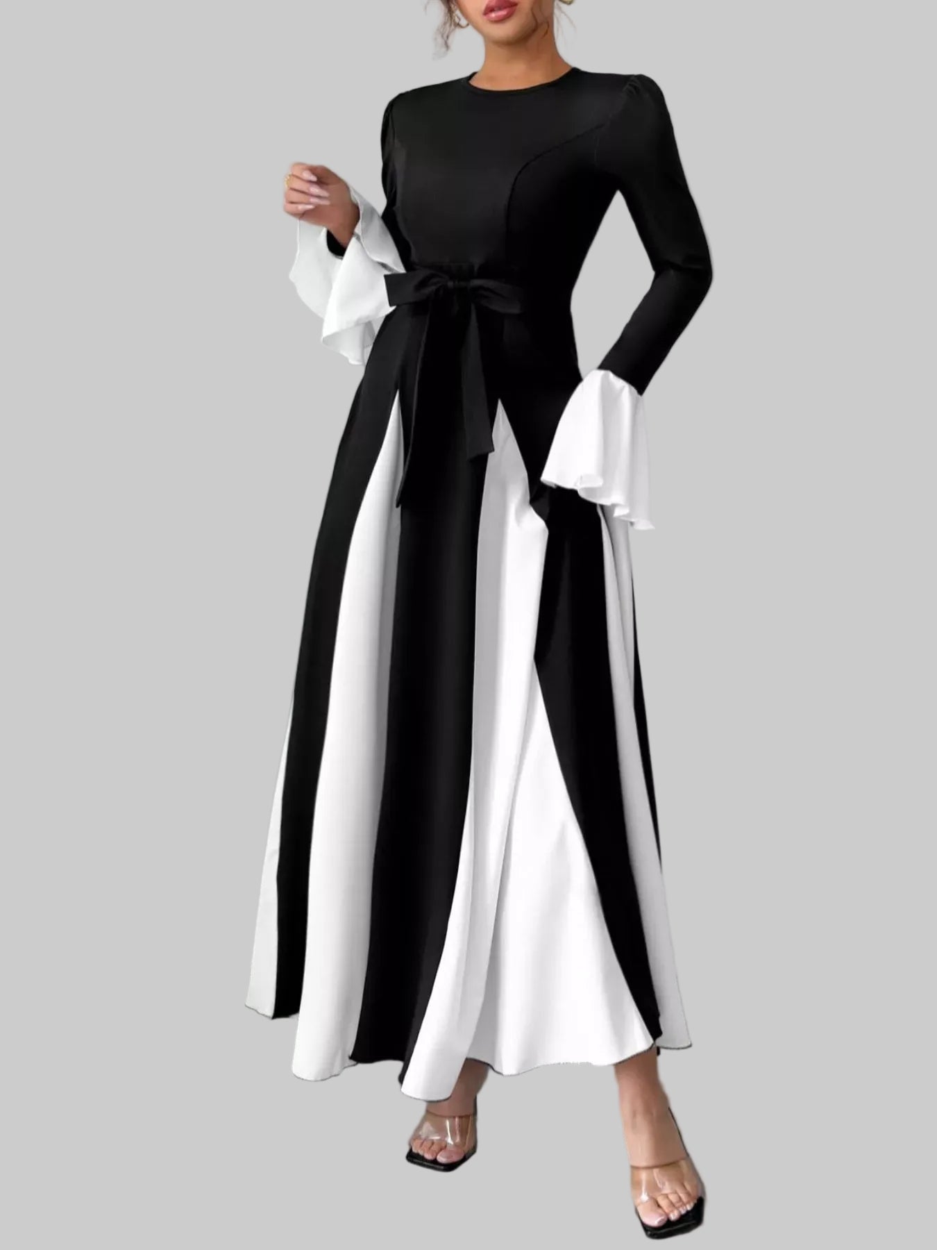 Holiday Black and White Flare Sleeve Maxi Dress Black / S The Nichole Collection